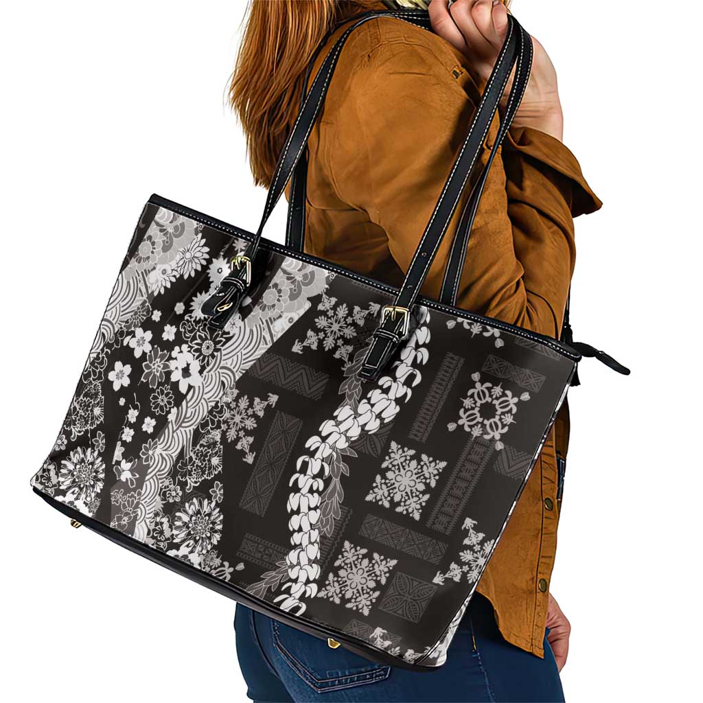 Hawaii Puakenikeni and Maile Lei Leather Tote Bag Black Japanese Wave Style - Polynesian Pride