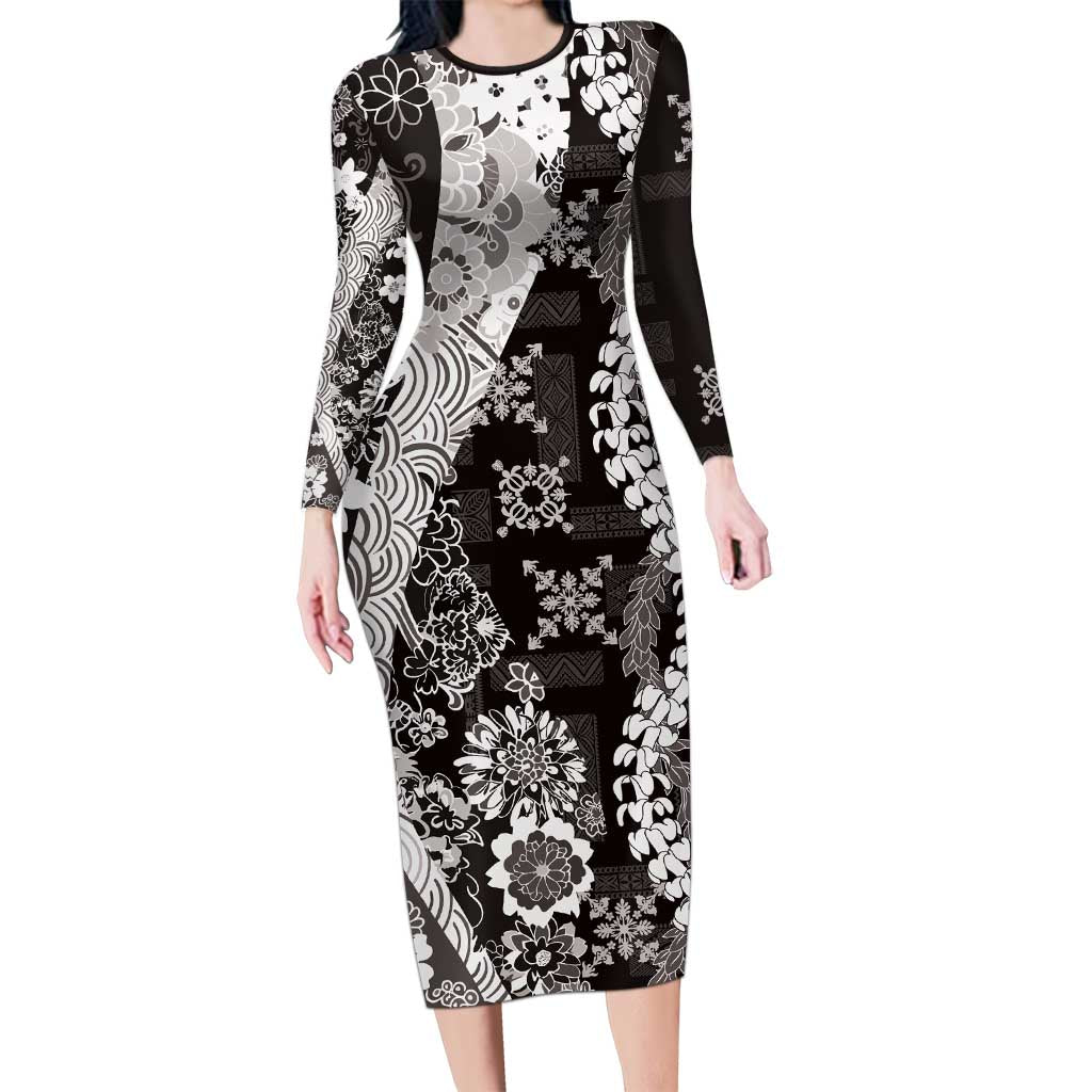 Hawaii Puakenikeni and Maile Lei Long Sleeve Bodycon Dress Black Japanese Wave Style - Polynesian Pride