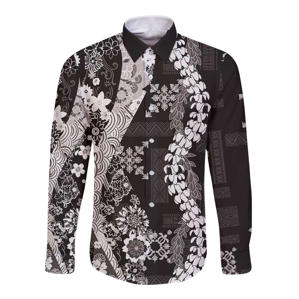 Hawaii Puakenikeni and Maile Lei Long Sleeve Button Shirt Black Japanese Wave Style - Polynesian Pride
