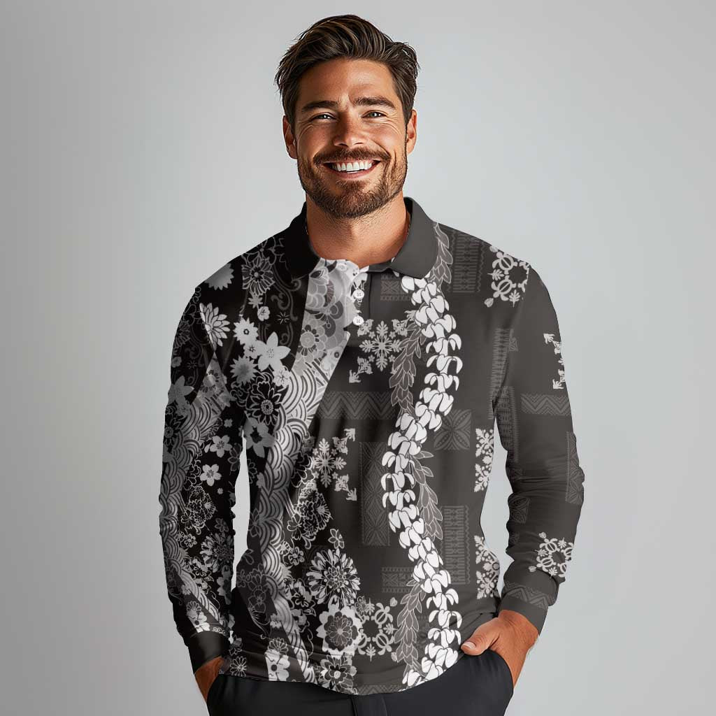 Hawaii Puakenikeni and Maile Lei Long Sleeve Polo Shirt Black Japanese Wave Style - Polynesian Pride