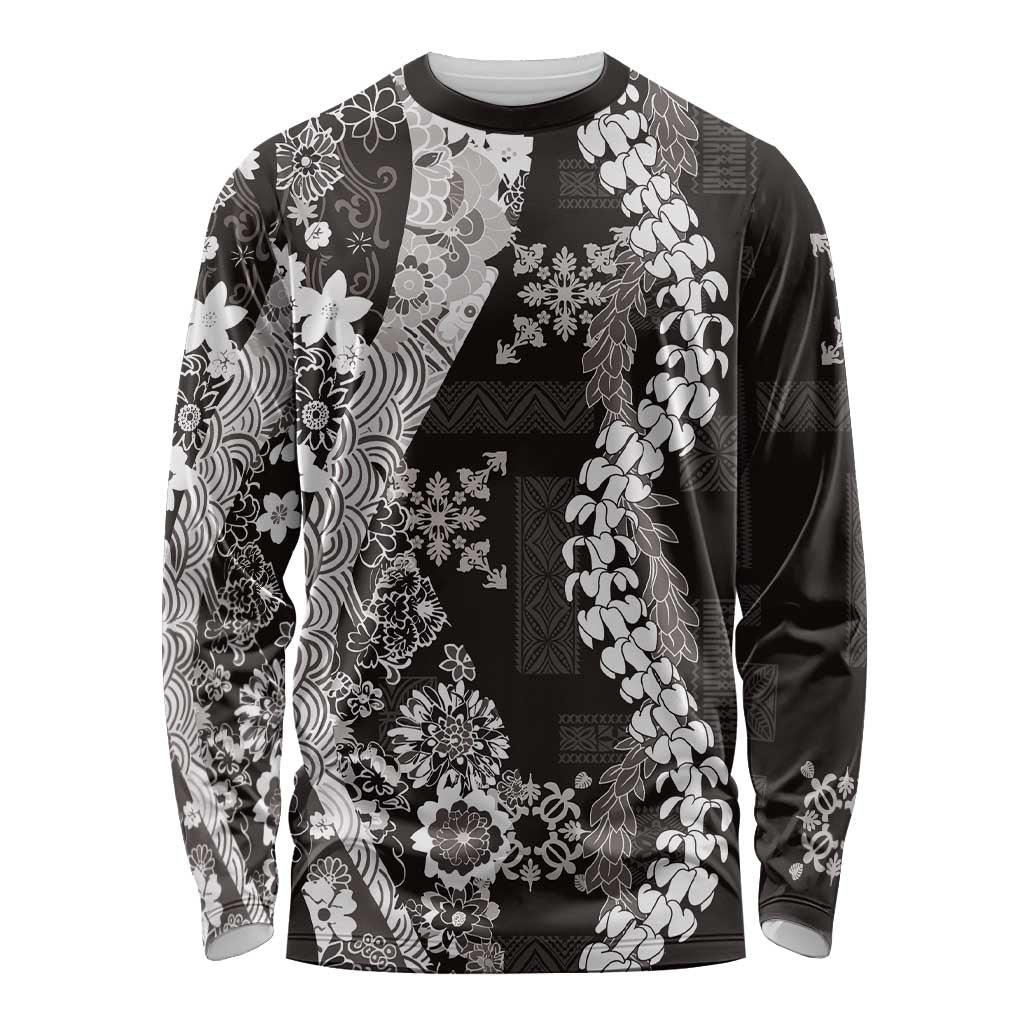 Hawaii Puakenikeni and Maile Lei Long Sleeve Shirt Black Japanese Wave Style - Polynesian Pride