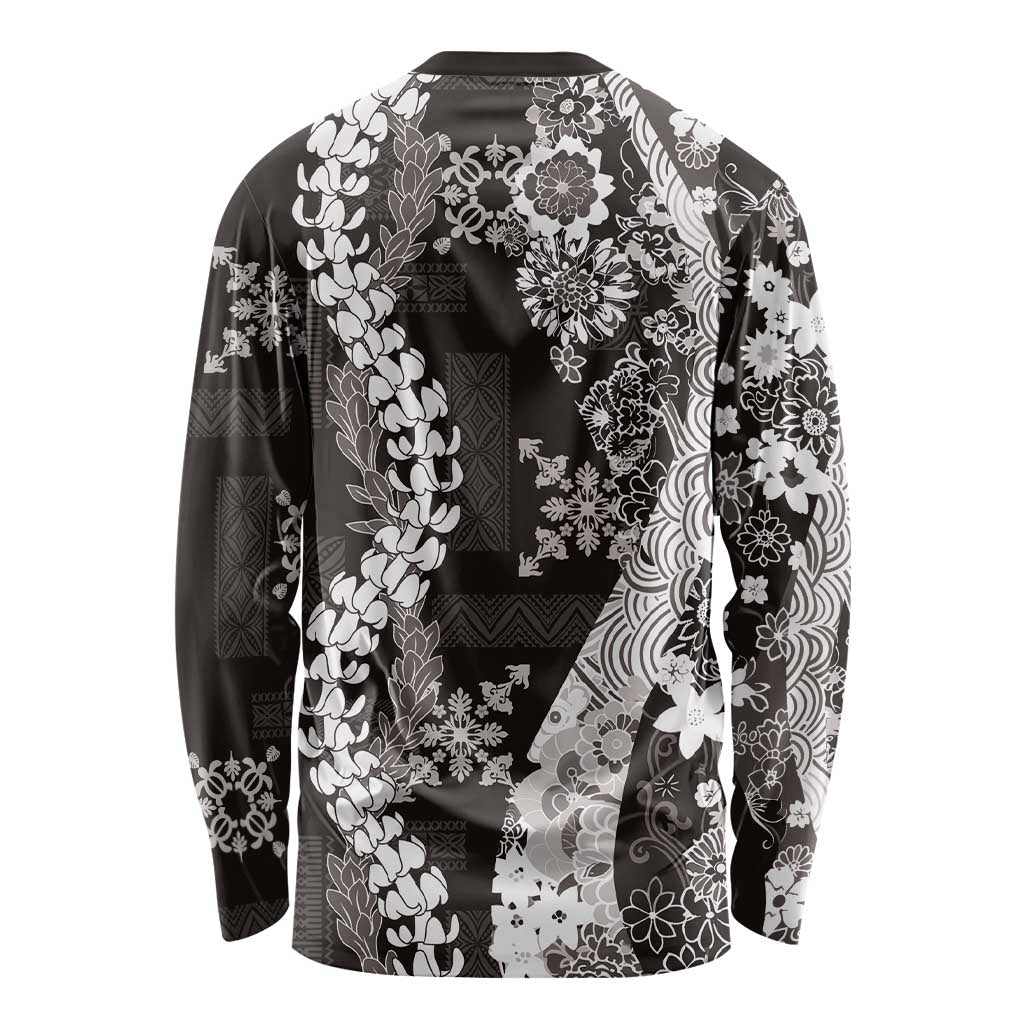 Hawaii Puakenikeni and Maile Lei Long Sleeve Shirt Black Japanese Wave Style - Polynesian Pride