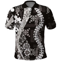 Hawaii Puakenikeni and Maile Lei Polo Shirt Black Japanese Wave Style - Polynesian Pride