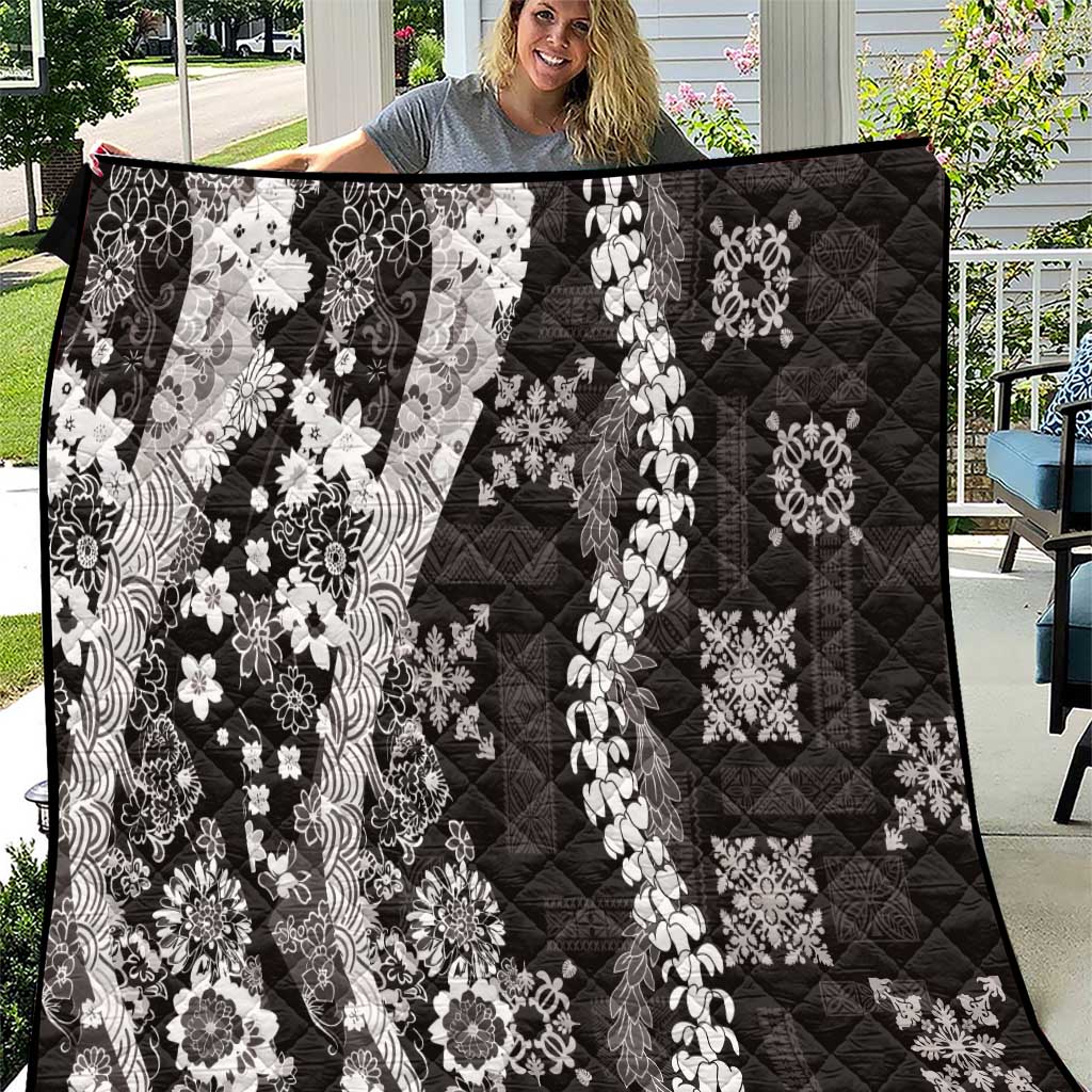 Hawaii Puakenikeni and Maile Lei Quilt Black Japanese Wave Style - Polynesian Pride