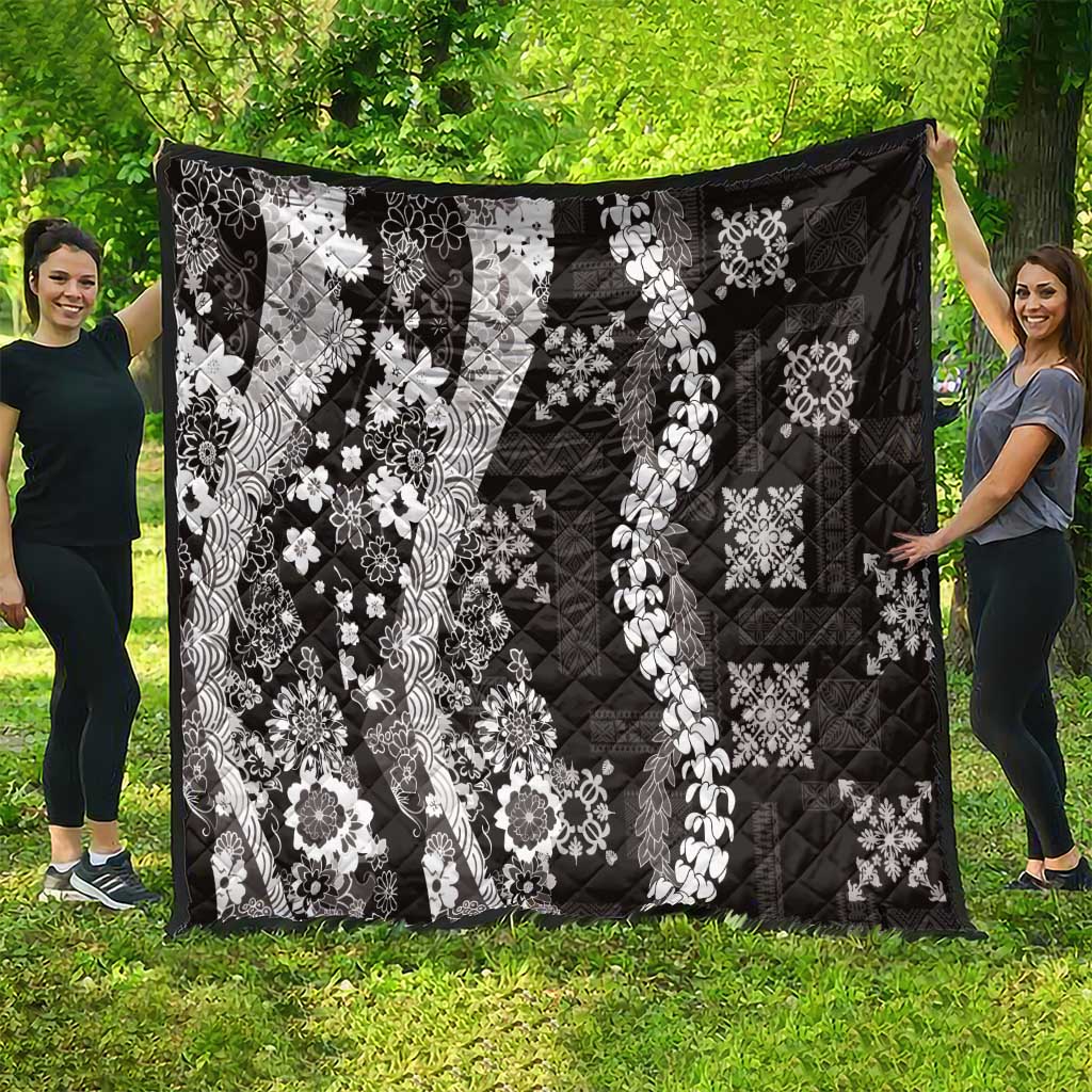 Hawaii Puakenikeni and Maile Lei Quilt Black Japanese Wave Style - Polynesian Pride