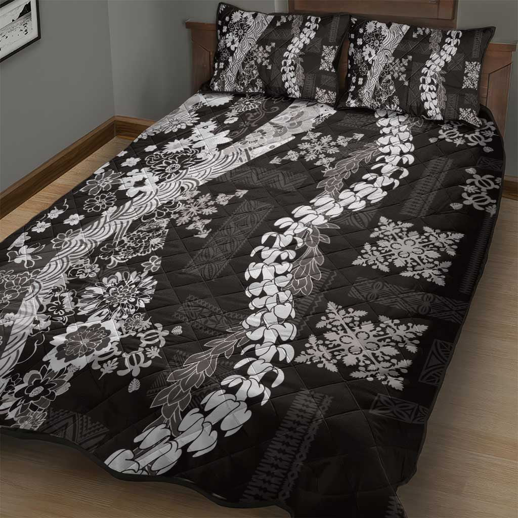 Hawaii Puakenikeni and Maile Lei Quilt Bed Set Black Japanese Wave Style - Polynesian Pride