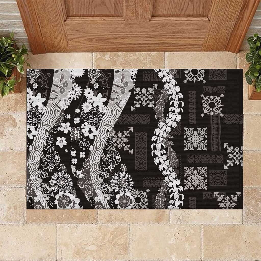 Hawaii Puakenikeni and Maile Lei Rubber Doormat Black Japanese Wave Style - Polynesian Pride