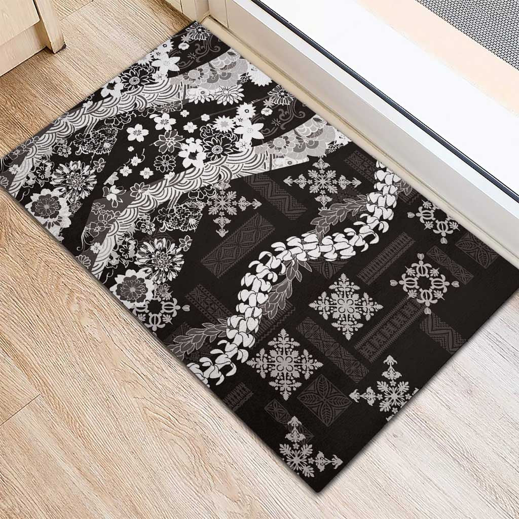 Hawaii Puakenikeni and Maile Lei Rubber Doormat Black Japanese Wave Style - Polynesian Pride