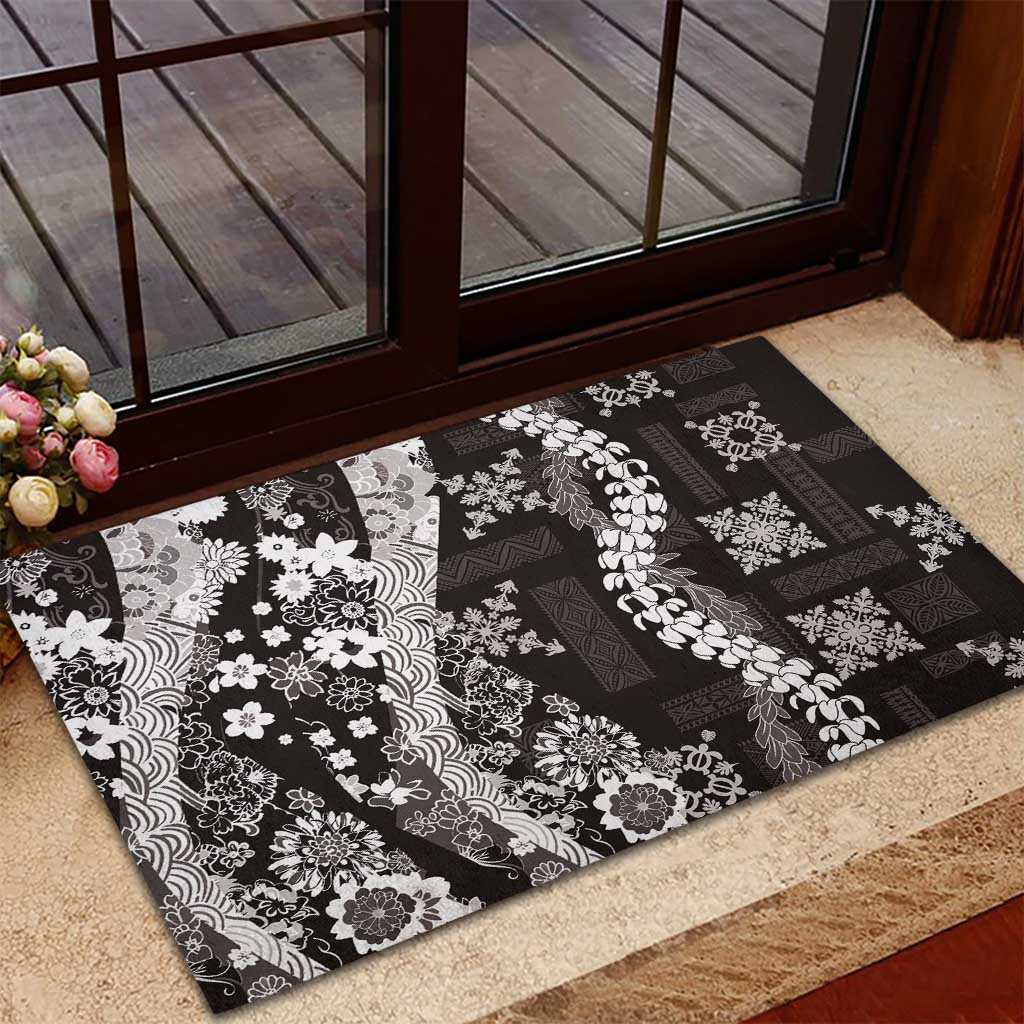 Hawaii Puakenikeni and Maile Lei Rubber Doormat Black Japanese Wave Style - Polynesian Pride