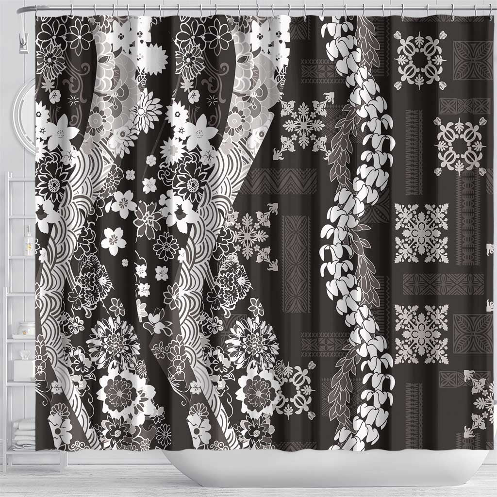 Hawaii Puakenikeni and Maile Lei Shower Curtain Black Japanese Wave Style - Polynesian Pride