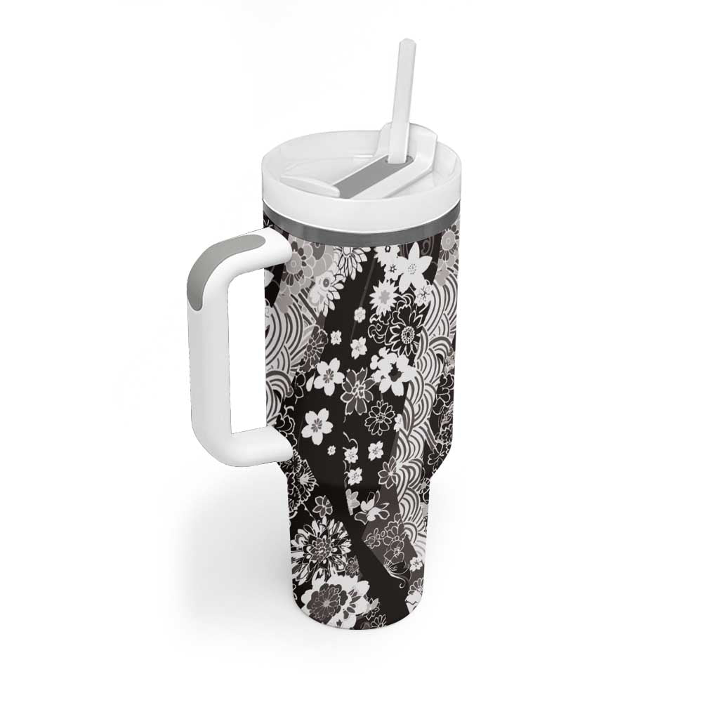 Hawaii Puakenikeni and Maile Lei Tumbler With Handle Black Japanese Wave Style - Polynesian Pride