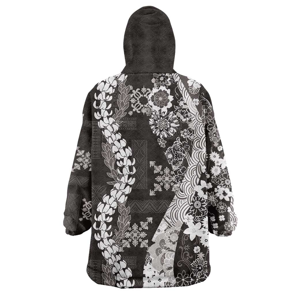 Hawaii Puakenikeni and Maile Lei Wearable Blanket Hoodie Black Japanese Wave Style - Polynesian Pride