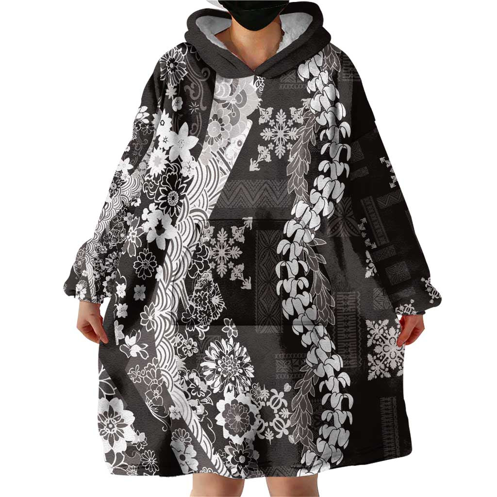Hawaii Puakenikeni and Maile Lei Wearable Blanket Hoodie Black Japanese Wave Style - Polynesian Pride