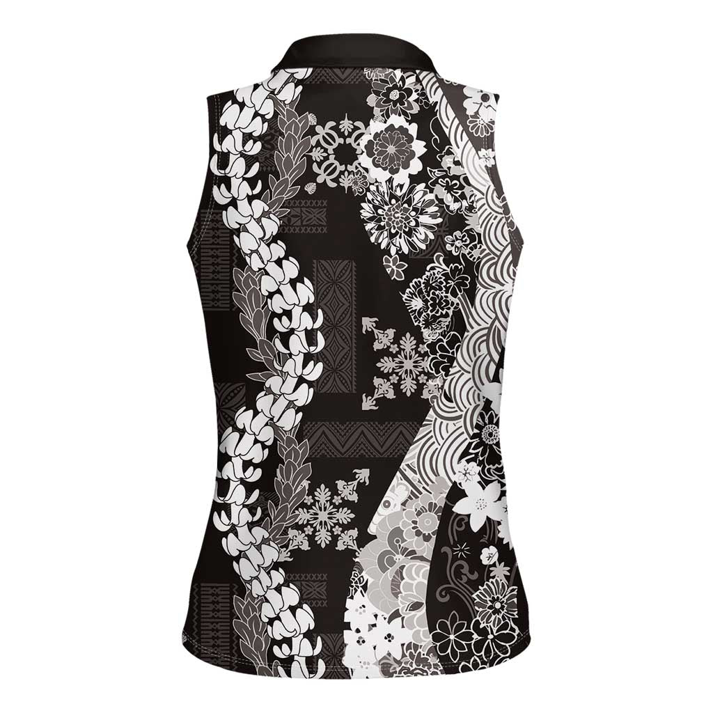 Hawaii Puakenikeni and Maile Lei Women Sleeveless Polo Shirt Black Japanese Wave Style - Polynesian Pride