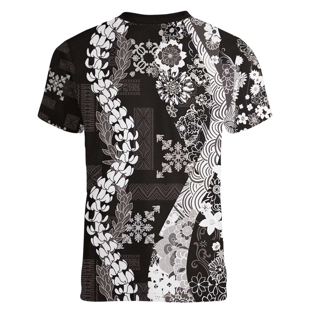 Hawaii Puakenikeni and Maile Lei Women V-Neck T-Shirt Black Japanese Wave Style LT9 - Polynesian Pride