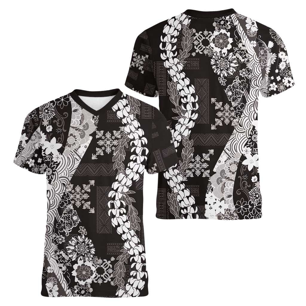 Hawaii Puakenikeni and Maile Lei Women V-Neck T-Shirt Black Japanese Wave Style LT9 - Polynesian Pride
