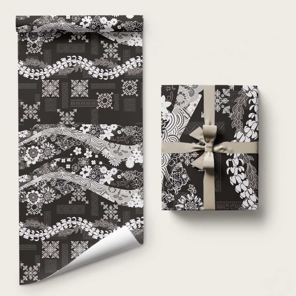 Hawaii Puakenikeni and Maile Lei Wrapping Paper Black Japanese Wave Style - Polynesian Pride
