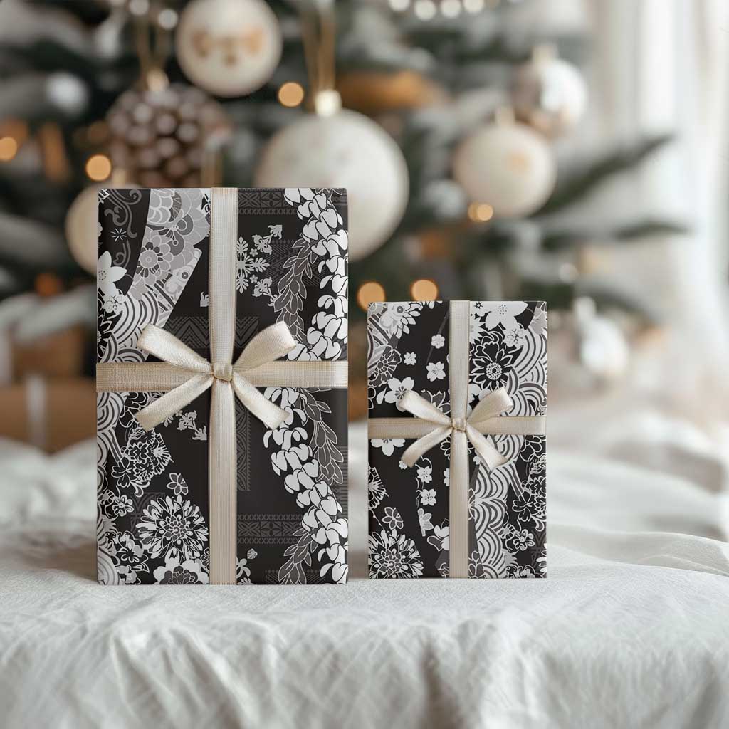 Hawaii Puakenikeni and Maile Lei Wrapping Paper Black Japanese Wave Style - Polynesian Pride