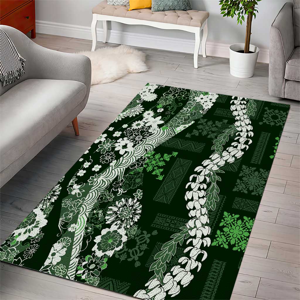 Hawaii Puakenikeni and Maile Lei Area Rug Green Japanese Wave Style - Polynesian Pride