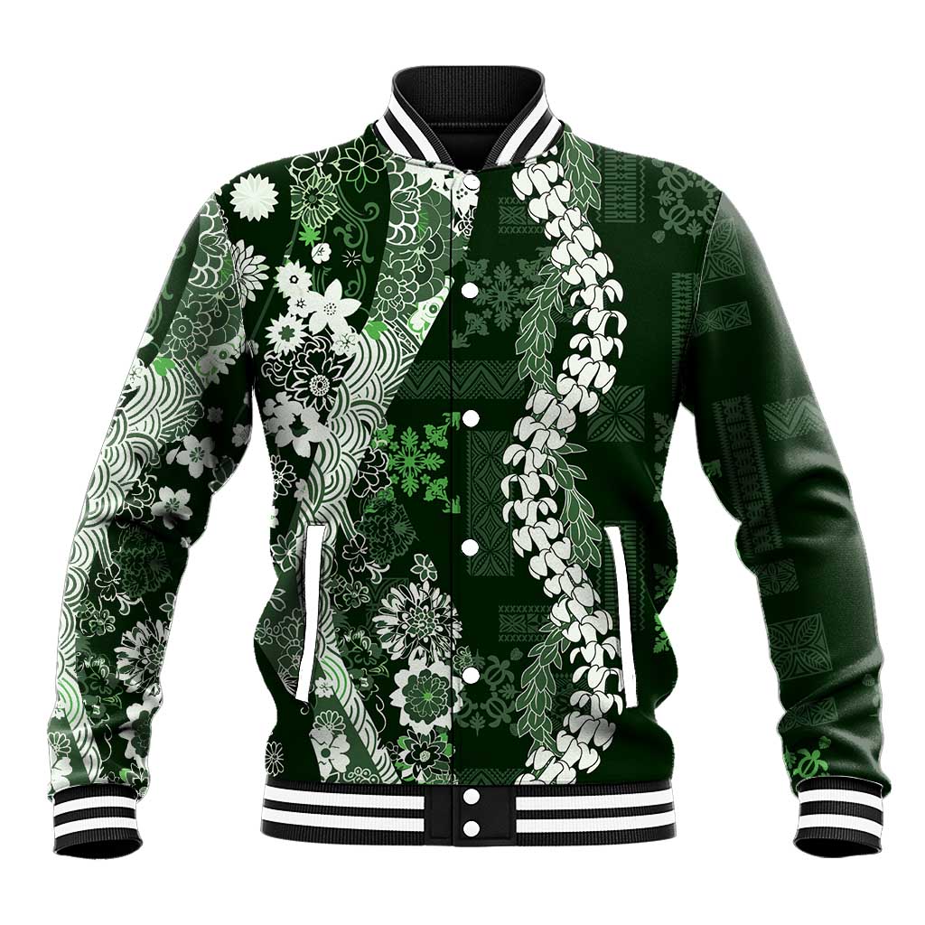 Hawaii Puakenikeni and Maile Lei Baseball Jacket Green Japanese Wave Style - Polynesian Pride