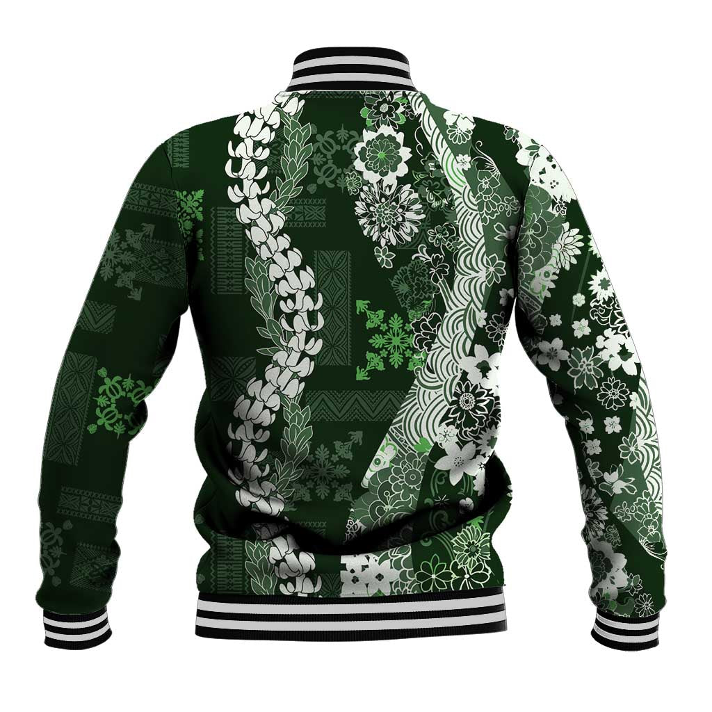 Hawaii Puakenikeni and Maile Lei Baseball Jacket Green Japanese Wave Style - Polynesian Pride