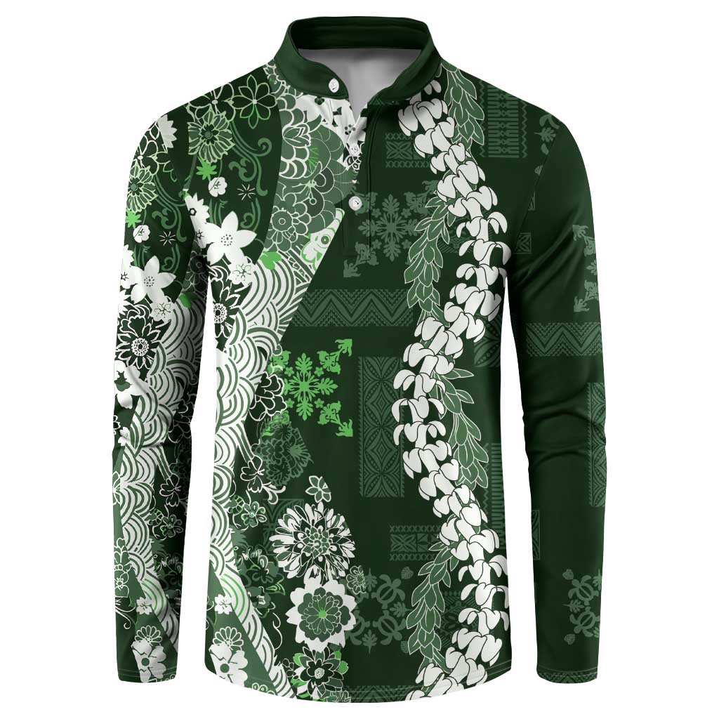 Hawaii Puakenikeni and Maile Lei Button Sweatshirt Green Japanese Wave Style - Polynesian Pride