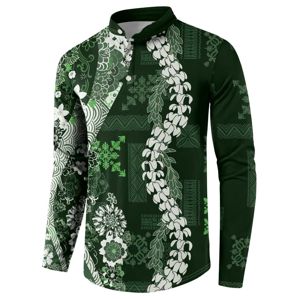 Hawaii Puakenikeni and Maile Lei Button Sweatshirt Green Japanese Wave Style - Polynesian Pride