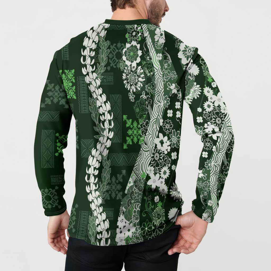 Hawaii Puakenikeni and Maile Lei Button Sweatshirt Green Japanese Wave Style - Polynesian Pride