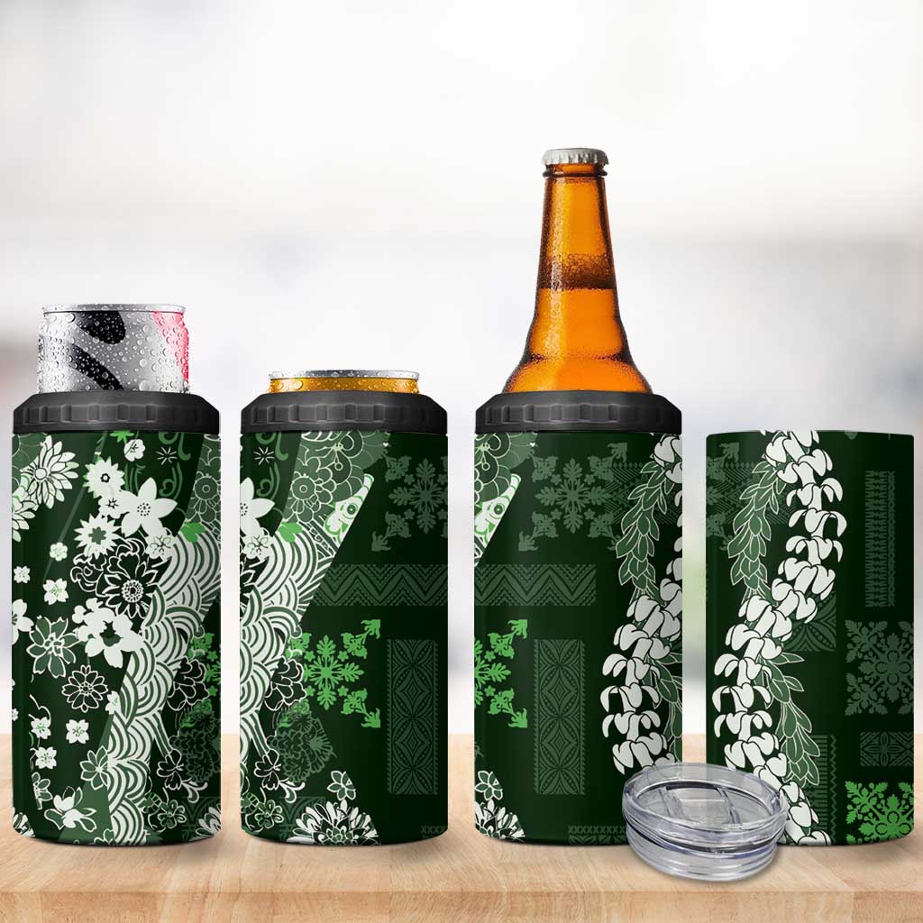 Hawaii Puakenikeni and Maile Lei 4 in 1 Can Cooler Tumbler Green Japanese Wave Style - Polynesian Pride