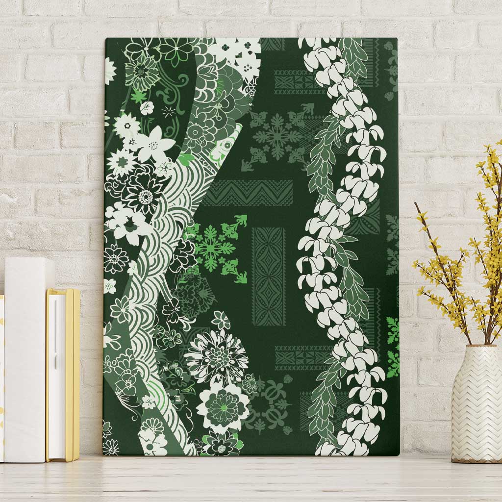 Hawaii Puakenikeni and Maile Lei Canvas Wall Art Green Japanese Wave Style - Polynesian Pride