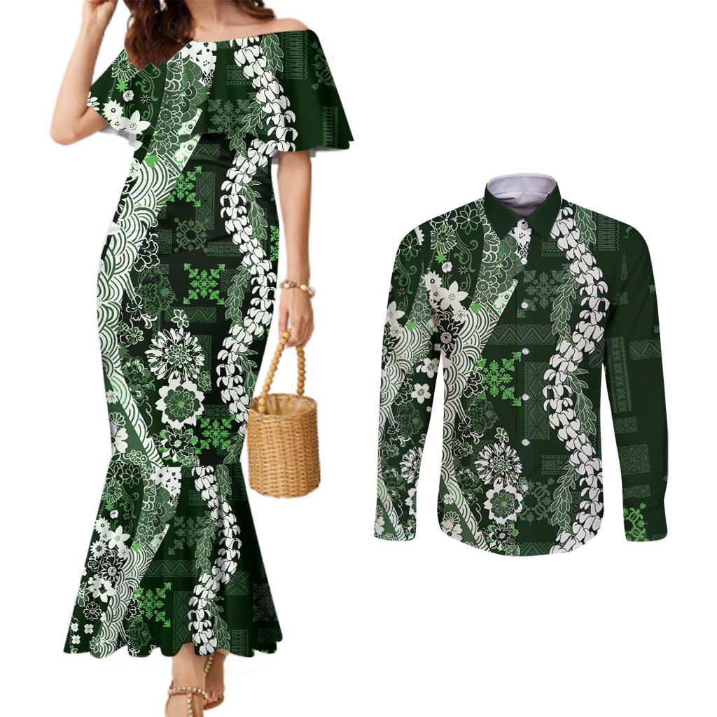 Hawaii Puakenikeni and Maile Lei Couples Matching Mermaid Dress and Long Sleeve Button Shirt Green Japanese Wave Style - Polynesian Pride