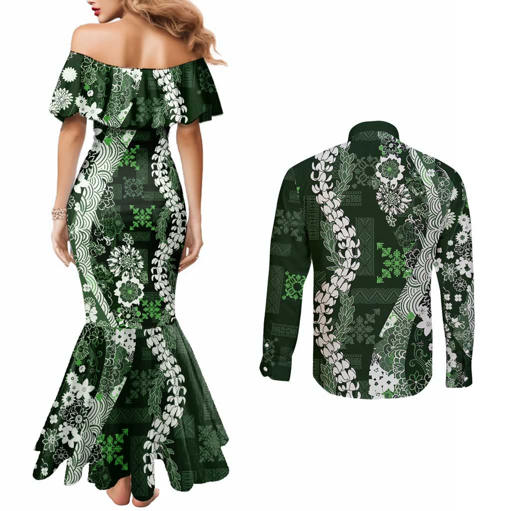 Hawaii Puakenikeni and Maile Lei Couples Matching Mermaid Dress and Long Sleeve Button Shirt Green Japanese Wave Style - Polynesian Pride