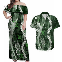 Hawaii Puakenikeni and Maile Lei Couples Matching Off Shoulder Maxi Dress and Hawaiian Shirt Green Japanese Wave Style - Polynesian Pride