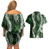 Hawaii Puakenikeni and Maile Lei Couples Matching Off Shoulder Short Dress and Hawaiian Shirt Green Japanese Wave Style - Polynesian Pride