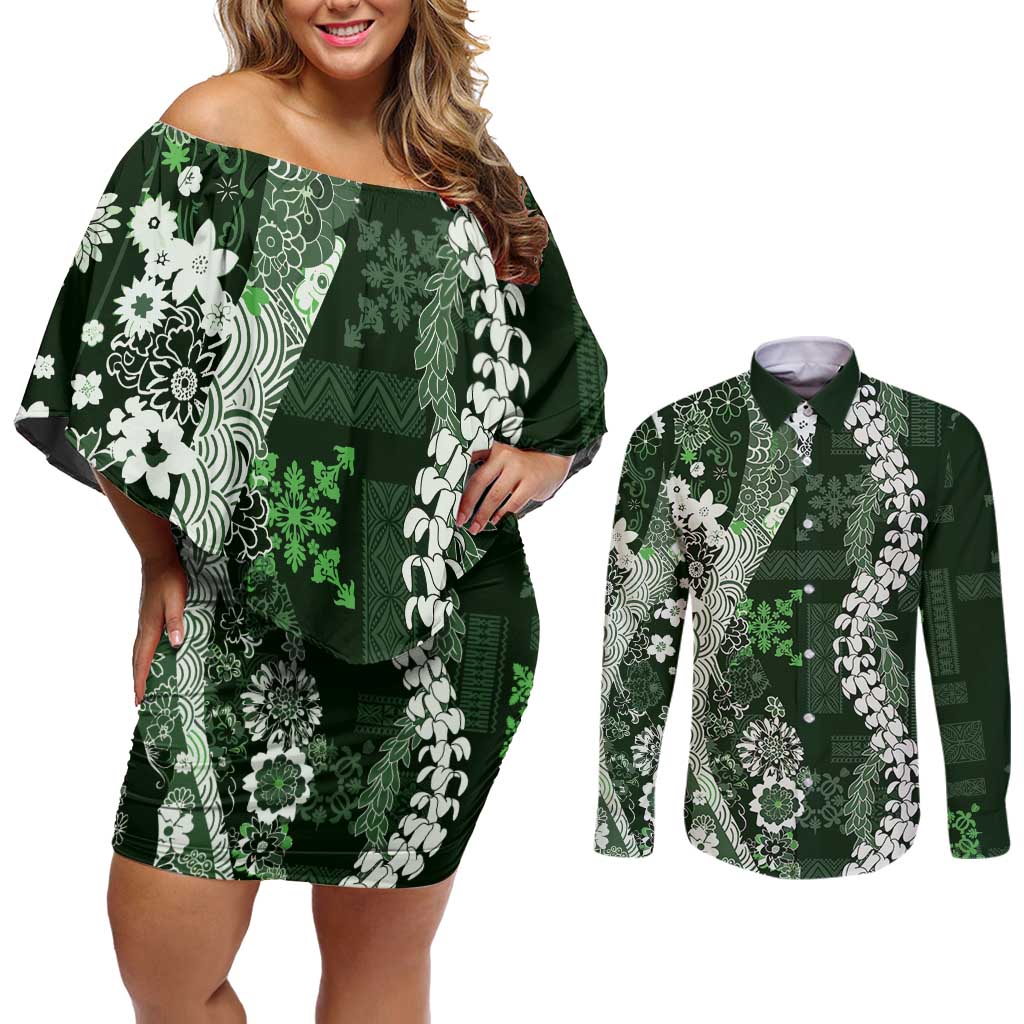 Hawaii Puakenikeni and Maile Lei Couples Matching Off Shoulder Short Dress and Long Sleeve Button Shirt Green Japanese Wave Style - Polynesian Pride