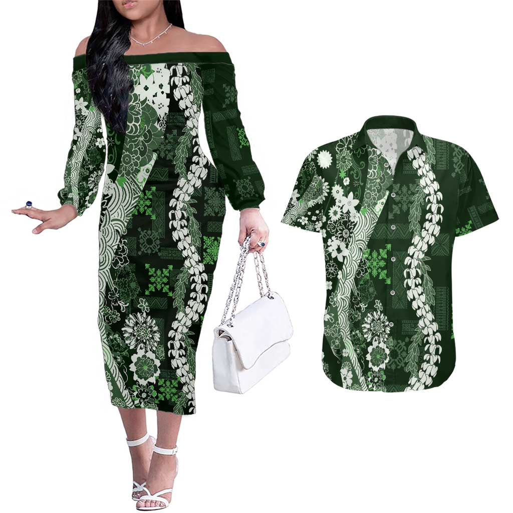 Hawaii Puakenikeni and Maile Lei Couples Matching Off The Shoulder Long Sleeve Dress and Hawaiian Shirt Green Japanese Wave Style - Polynesian Pride