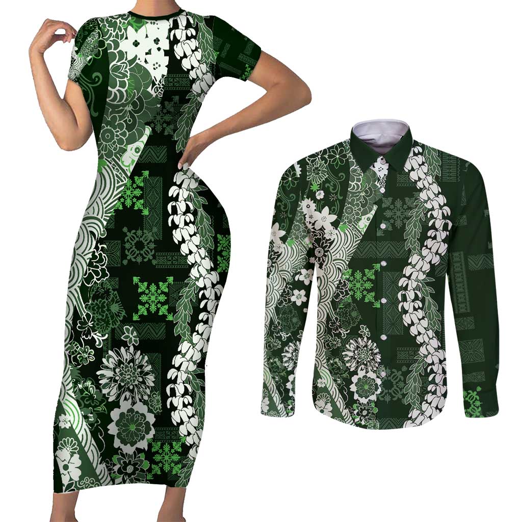 Hawaii Puakenikeni and Maile Lei Couples Matching Short Sleeve Bodycon Dress and Long Sleeve Button Shirt Green Japanese Wave Style - Polynesian Pride