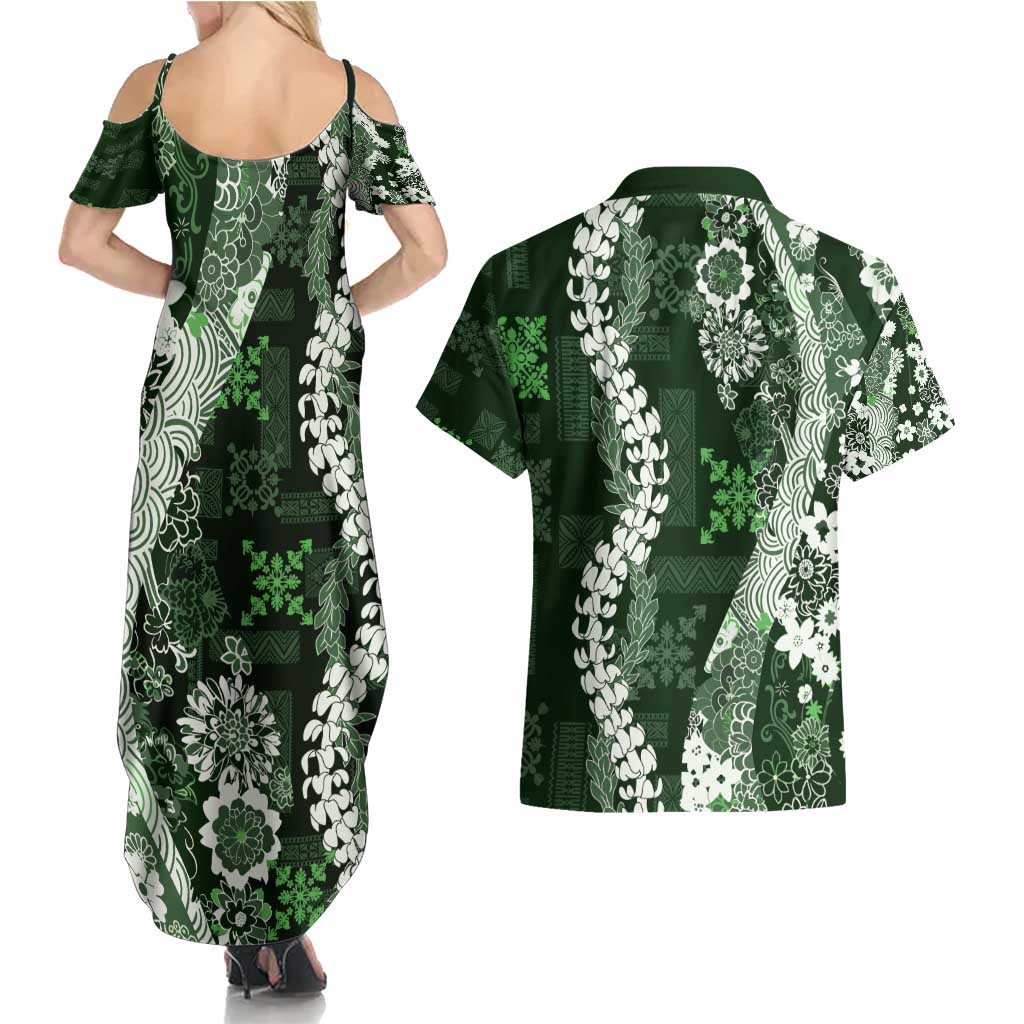 Hawaii Puakenikeni and Maile Lei Couples Matching Summer Maxi Dress and Hawaiian Shirt Green Japanese Wave Style - Polynesian Pride