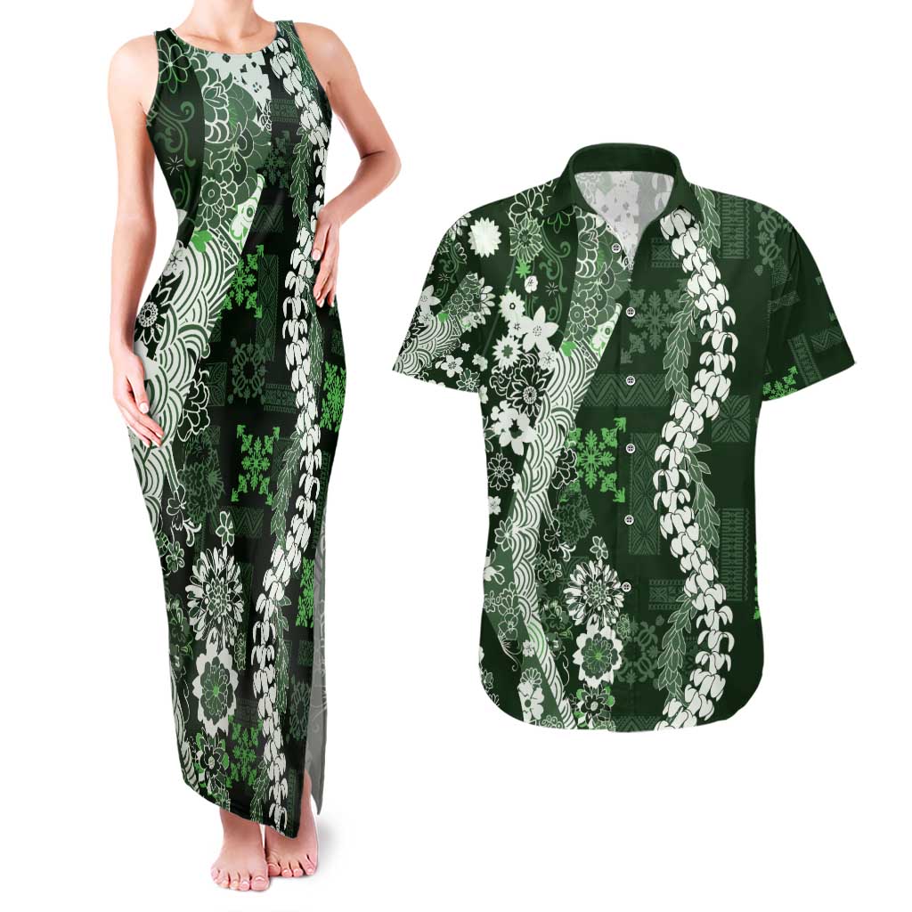 Hawaii Puakenikeni and Maile Lei Couples Matching Tank Maxi Dress and Hawaiian Shirt Green Japanese Wave Style - Polynesian Pride