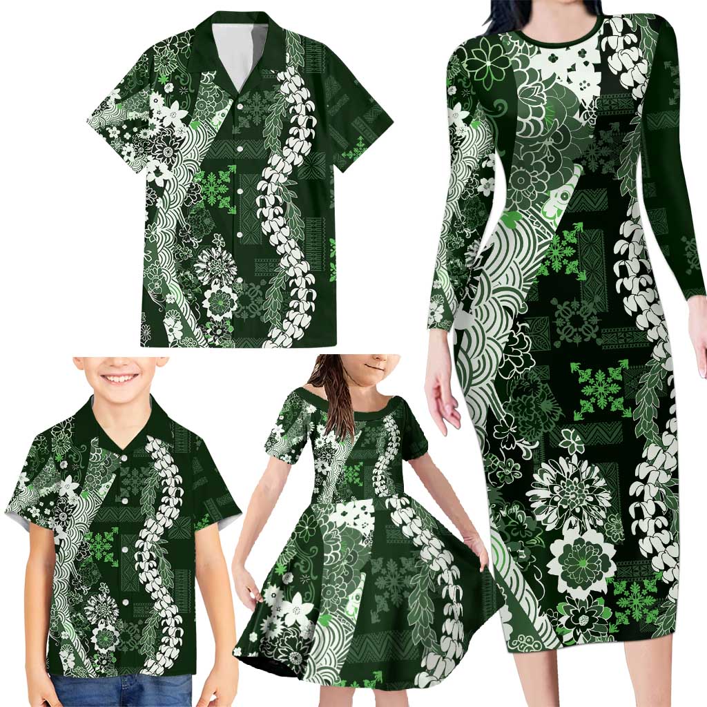 Hawaii Puakenikeni and Maile Lei Family Matching Long Sleeve Bodycon Dress and Hawaiian Shirt Green Japanese Wave Style - Polynesian Pride