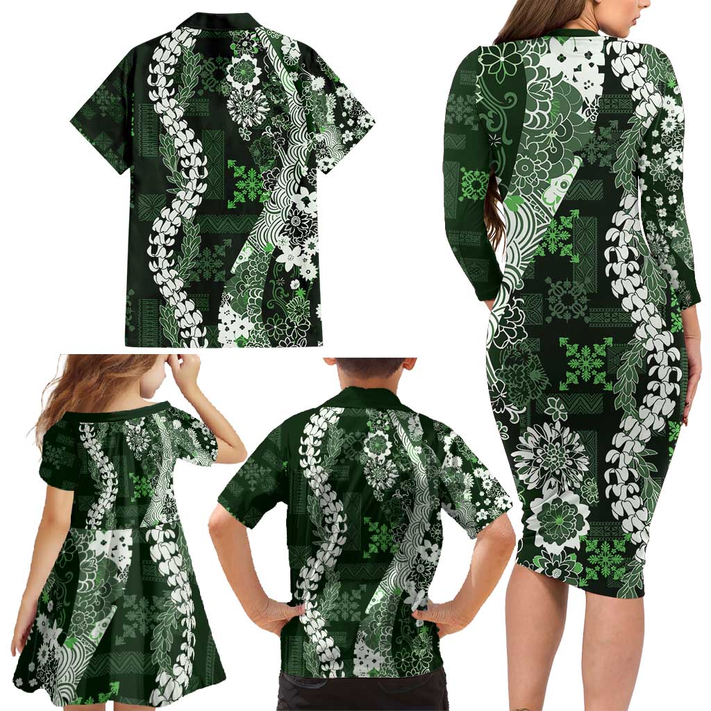 Hawaii Puakenikeni and Maile Lei Family Matching Long Sleeve Bodycon Dress and Hawaiian Shirt Green Japanese Wave Style - Polynesian Pride