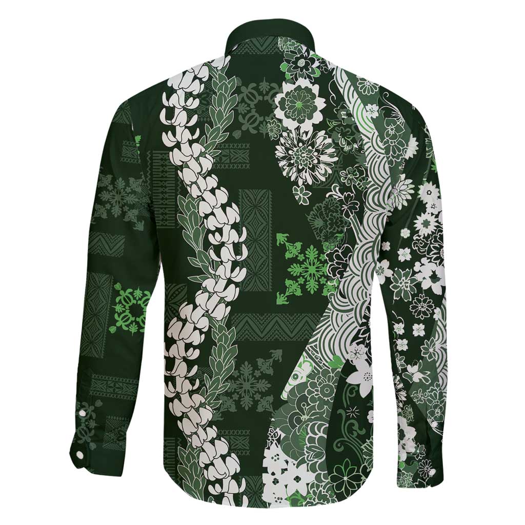 Hawaii Puakenikeni and Maile Lei Family Matching Long Sleeve Bodycon Dress and Hawaiian Shirt Green Japanese Wave Style - Polynesian Pride