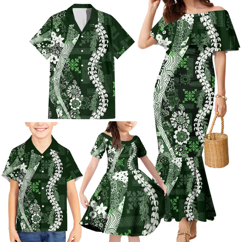Hawaii Puakenikeni and Maile Lei Family Matching Mermaid Dress and Hawaiian Shirt Green Japanese Wave Style - Polynesian Pride