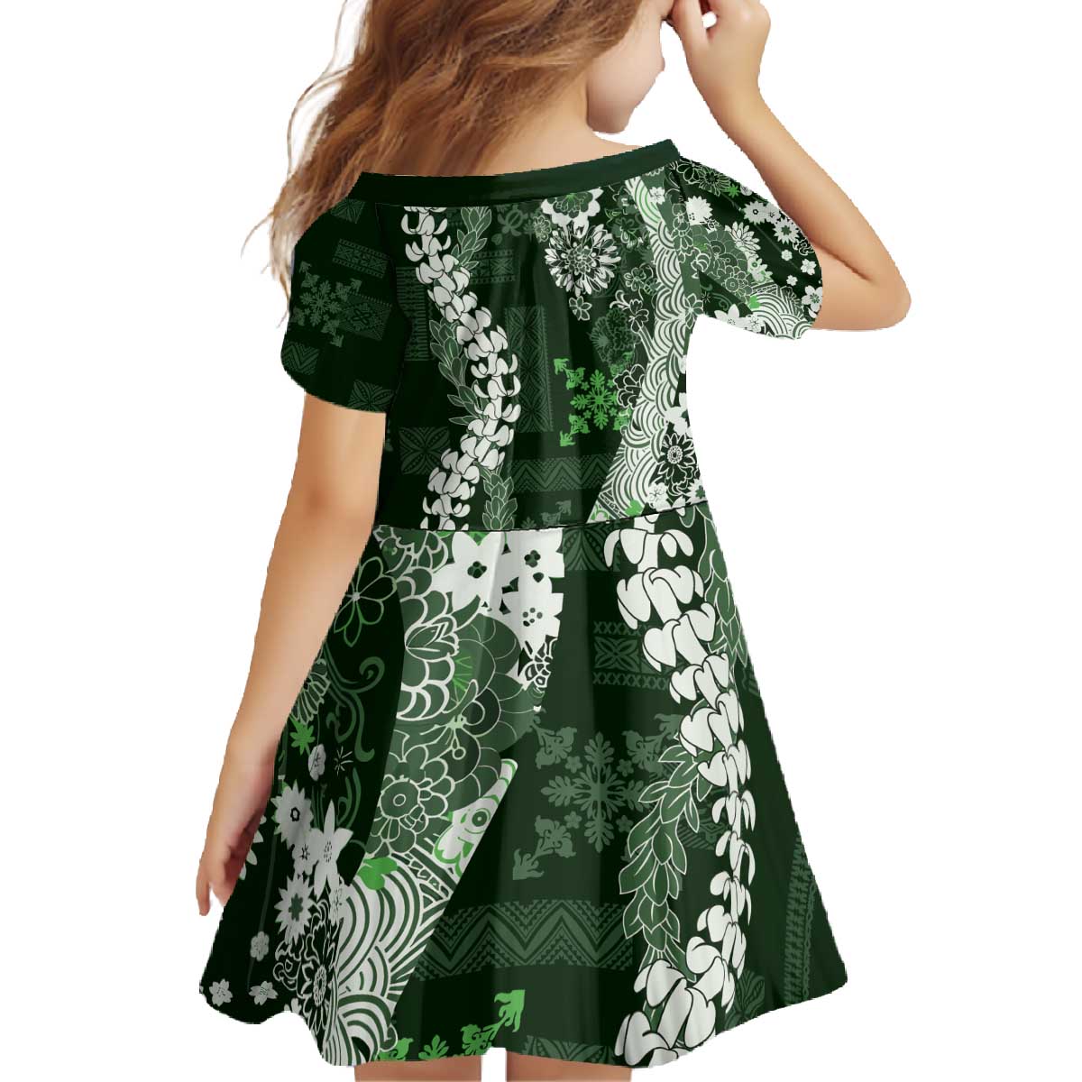 Hawaii Puakenikeni and Maile Lei Family Matching Off The Shoulder Long Sleeve Dress and Hawaiian Shirt Green Japanese Wave Style - Polynesian Pride