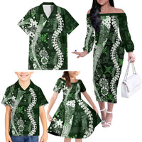 Hawaii Puakenikeni and Maile Lei Family Matching Off The Shoulder Long Sleeve Dress and Hawaiian Shirt Green Japanese Wave Style - Polynesian Pride