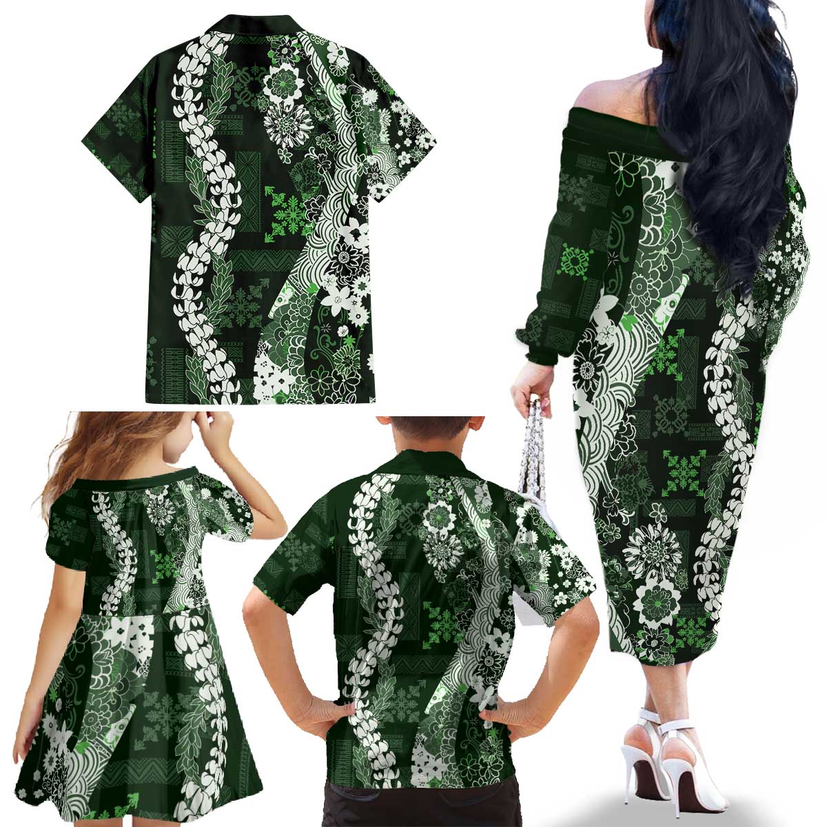 Hawaii Puakenikeni and Maile Lei Family Matching Off The Shoulder Long Sleeve Dress and Hawaiian Shirt Green Japanese Wave Style - Polynesian Pride