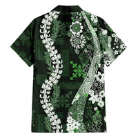Hawaii Puakenikeni and Maile Lei Family Matching Off The Shoulder Long Sleeve Dress and Hawaiian Shirt Green Japanese Wave Style - Polynesian Pride