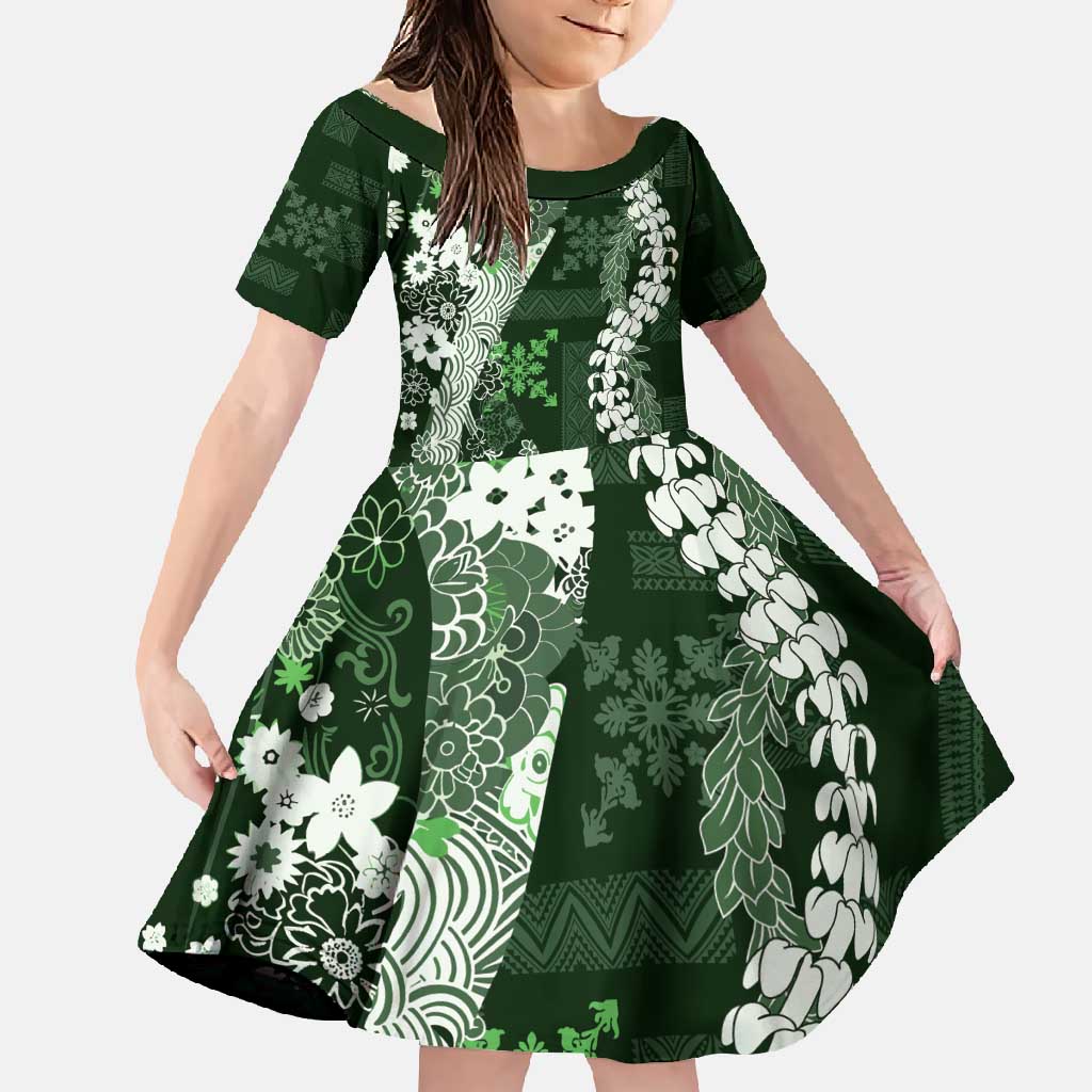 Hawaii Puakenikeni and Maile Lei Family Matching Off Shoulder Maxi Dress and Hawaiian Shirt Green Japanese Wave Style - Polynesian Pride