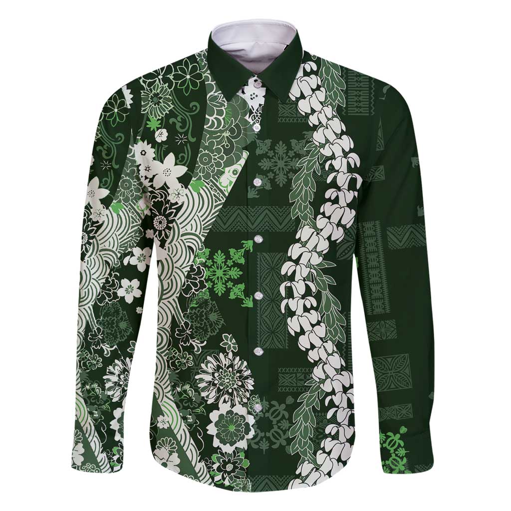 Hawaii Puakenikeni and Maile Lei Family Matching Off Shoulder Maxi Dress and Hawaiian Shirt Green Japanese Wave Style - Polynesian Pride