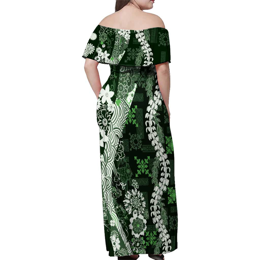 Hawaii Puakenikeni and Maile Lei Family Matching Off Shoulder Maxi Dress and Hawaiian Shirt Green Japanese Wave Style - Polynesian Pride